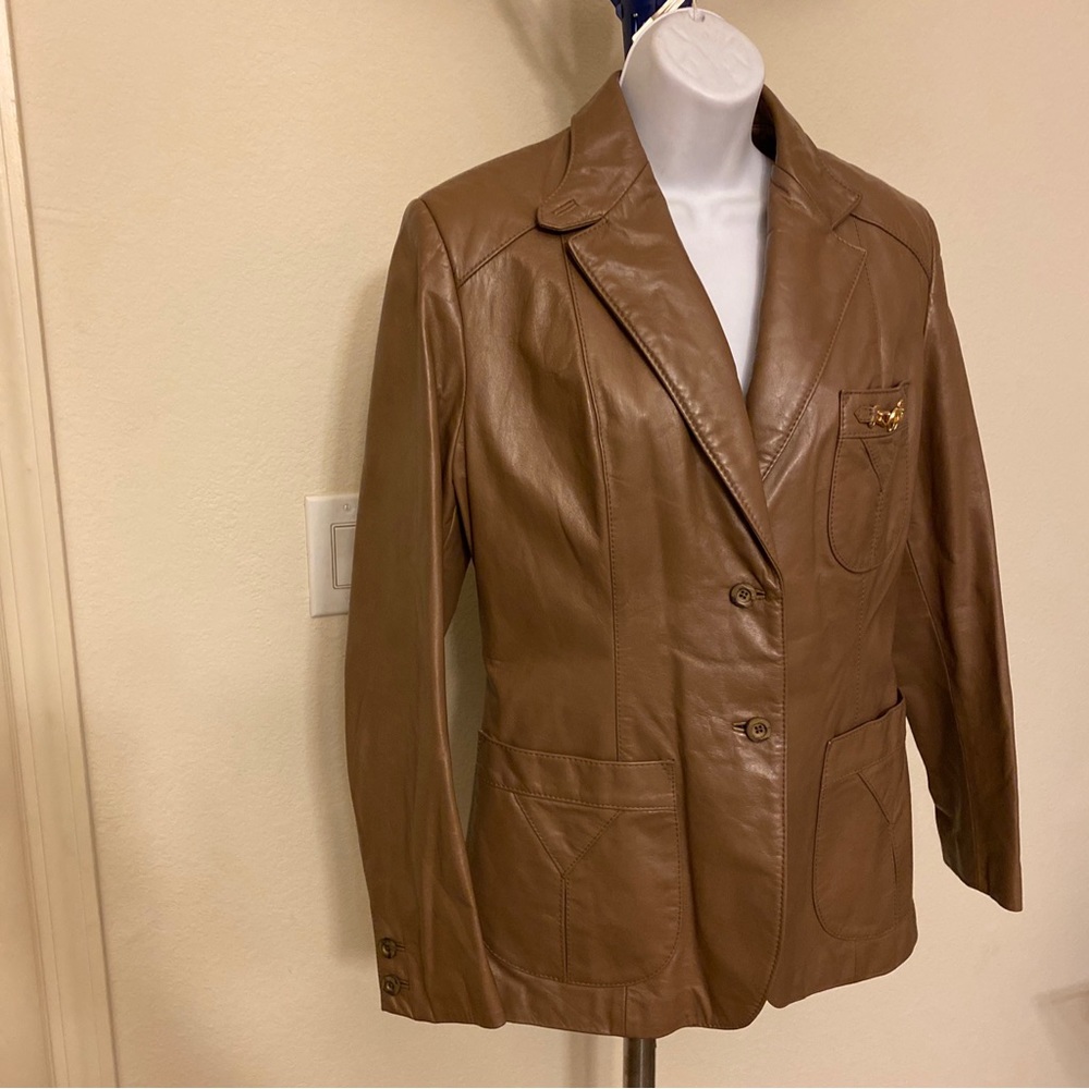 ❤️ SOLD Vintage Etienne Aigner Brown Leather 2 Button Jacket Gold Metal Size 12